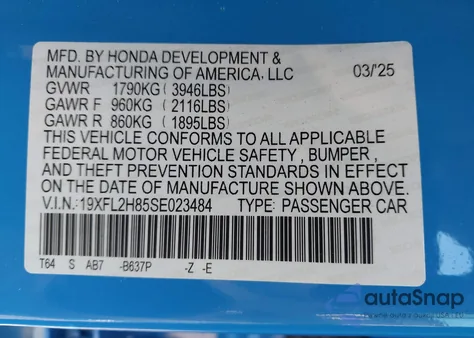 2025 Honda Civic Sport z USA, uszkodzony, nr VIN 19XFL2H85SE023484